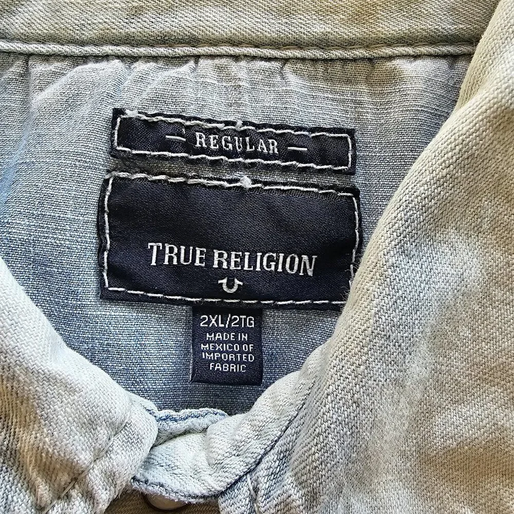 True Religion Denim Pearl Snap Shirt Western Cotton Light Wash Size 2XL/TG